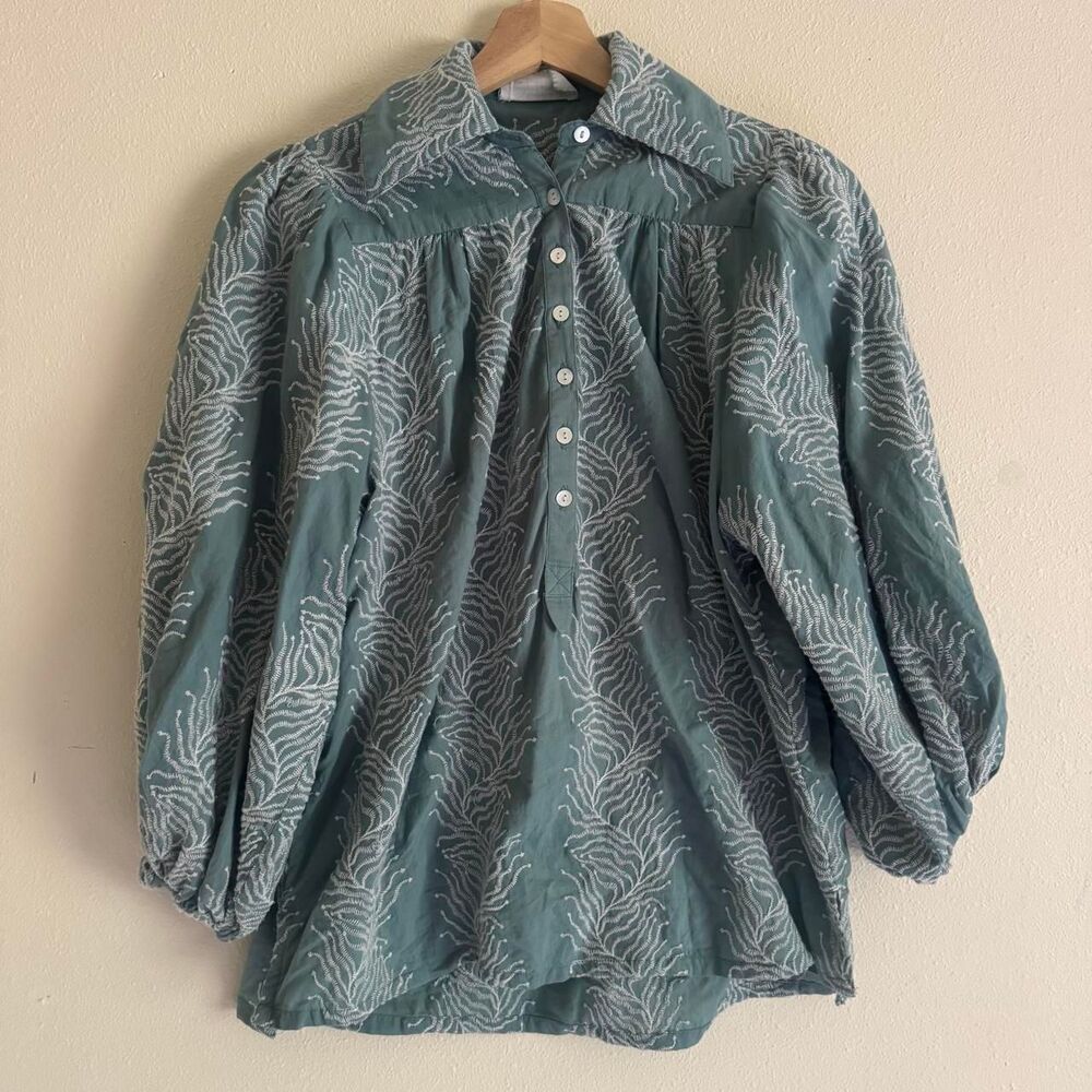 Omika Embroidered Abstract Blouse Green Cotton Puff Sleeve Boho Botanical